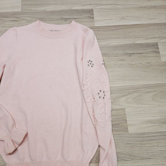 NANETTE LEPORE Womens Pink Ruffle Rhinestone Flower Pullover Sweater Small - Picture 3 of 7